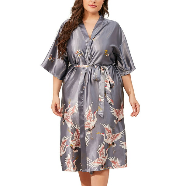 Japanese Lady Faux Satin Silk Bath Robe Nightwear Sleepwear Kimono Pajama Casual 